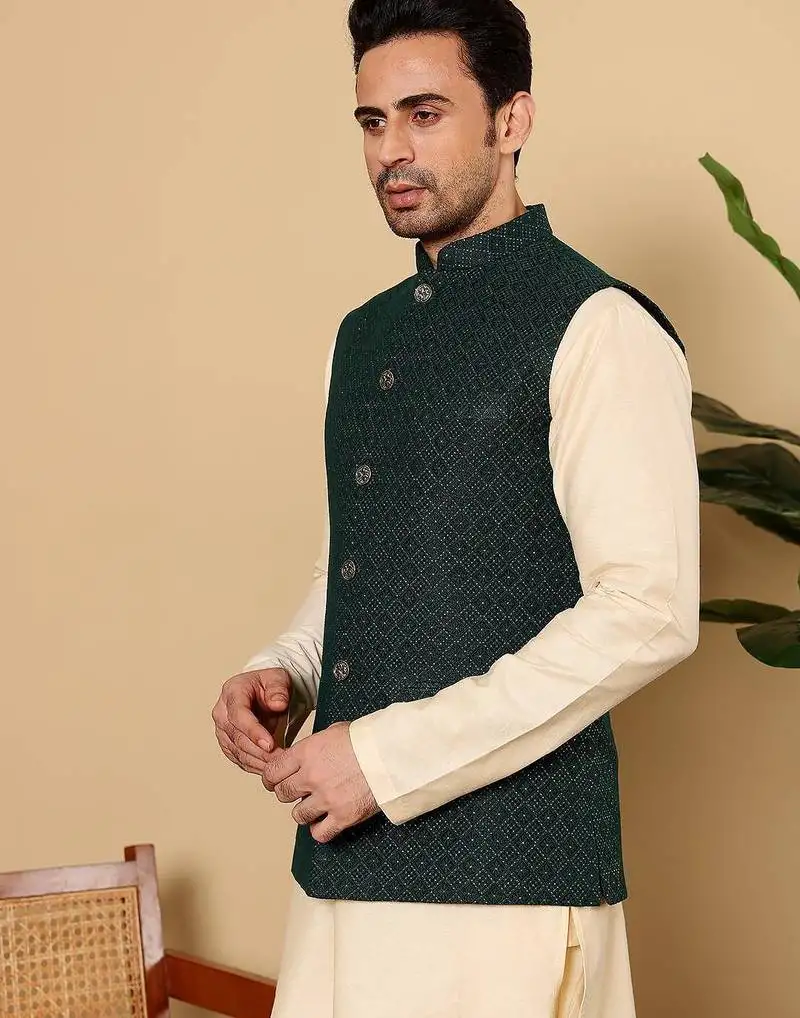 Green silk embroidered kurta pajama and nehru jacket for mens