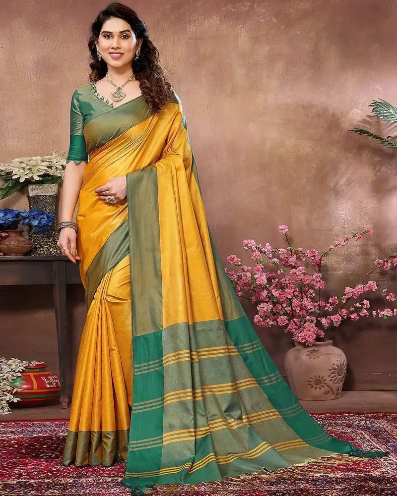 Yellow silk blend heavy border saree with contrast blouse