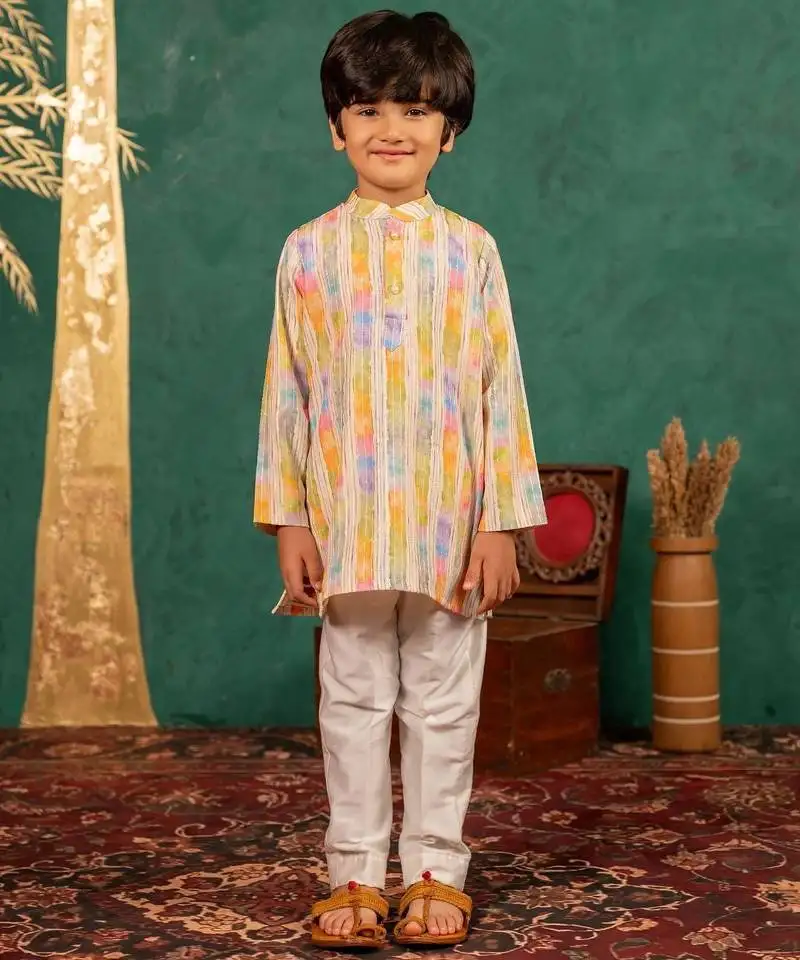 Boys multi-coloured ethnic kurta with white pant (set of 2)