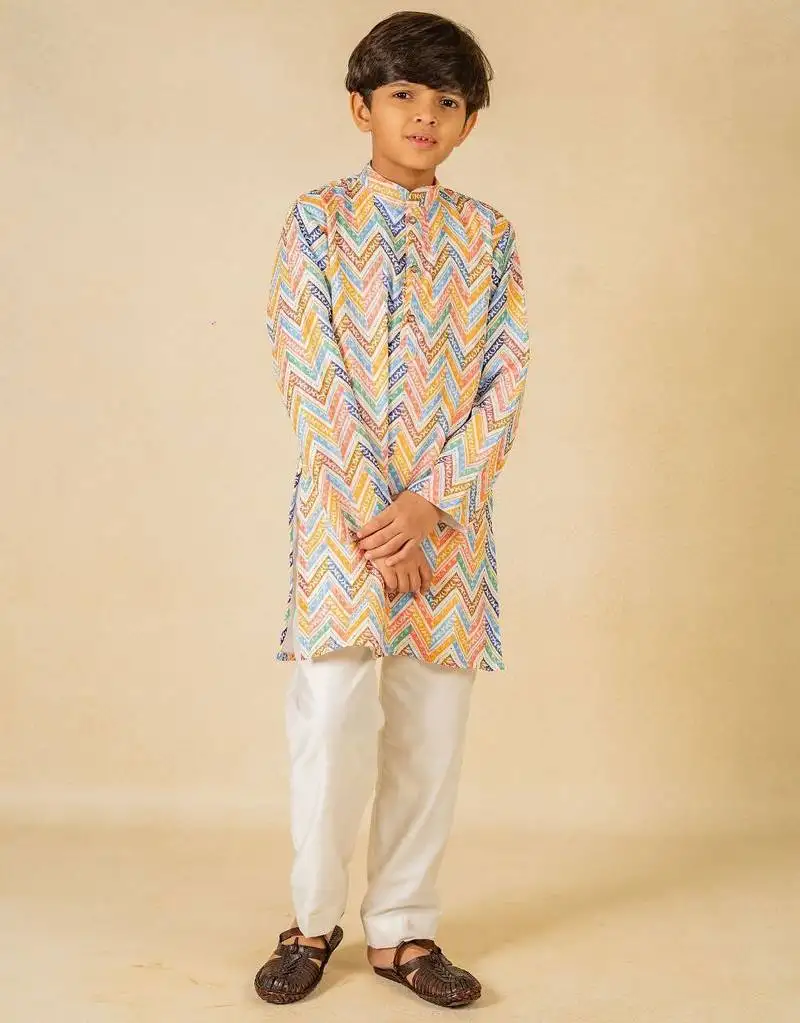 Boys zig zag printed ethnic kurta with white pant (set of 2)