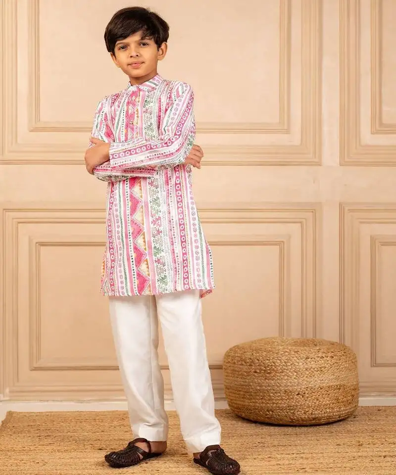 Boys multicoloured ethnic pattern digital print kurta with white pant (set of 2)