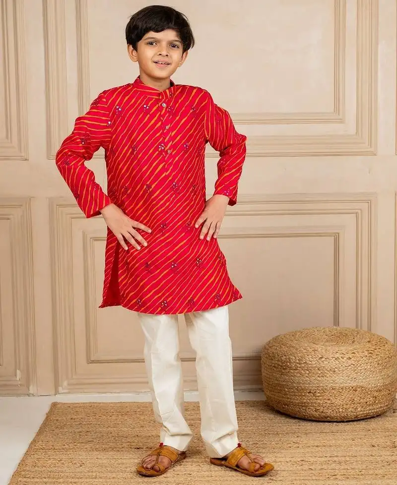 Boys moonga mirror work red cotton ethnic kurta with white pant (set of 2)
