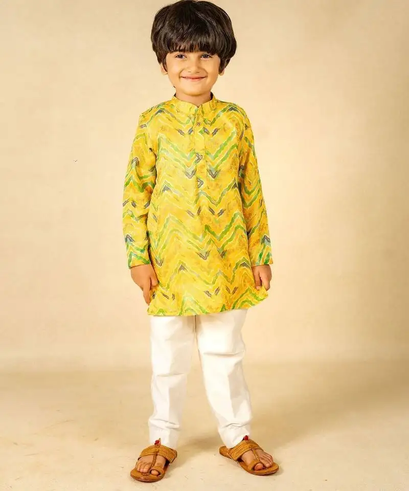 Boys moonga foil yellow zig zag red cotton ethnic kurta with white pant (set of 2)