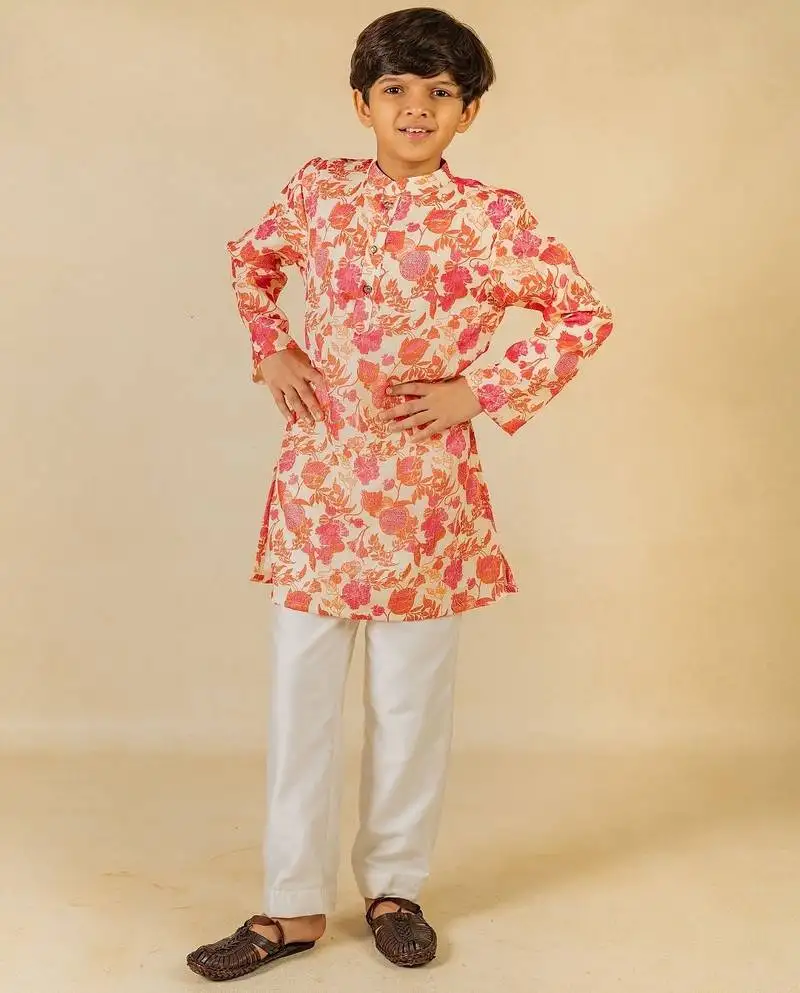Boys digital floral print ethnic kurta with white pant (set of 2)