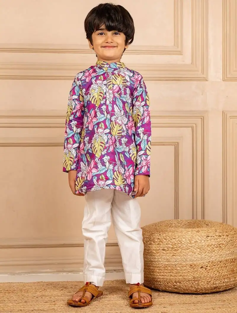 Boys purple floral digital printed kurta with white pant (set of 2)