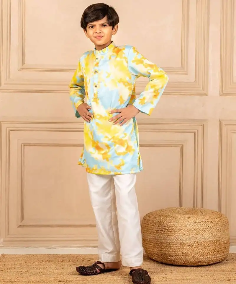 Boys digital printed modal satin kurta with white pant (set of 2)