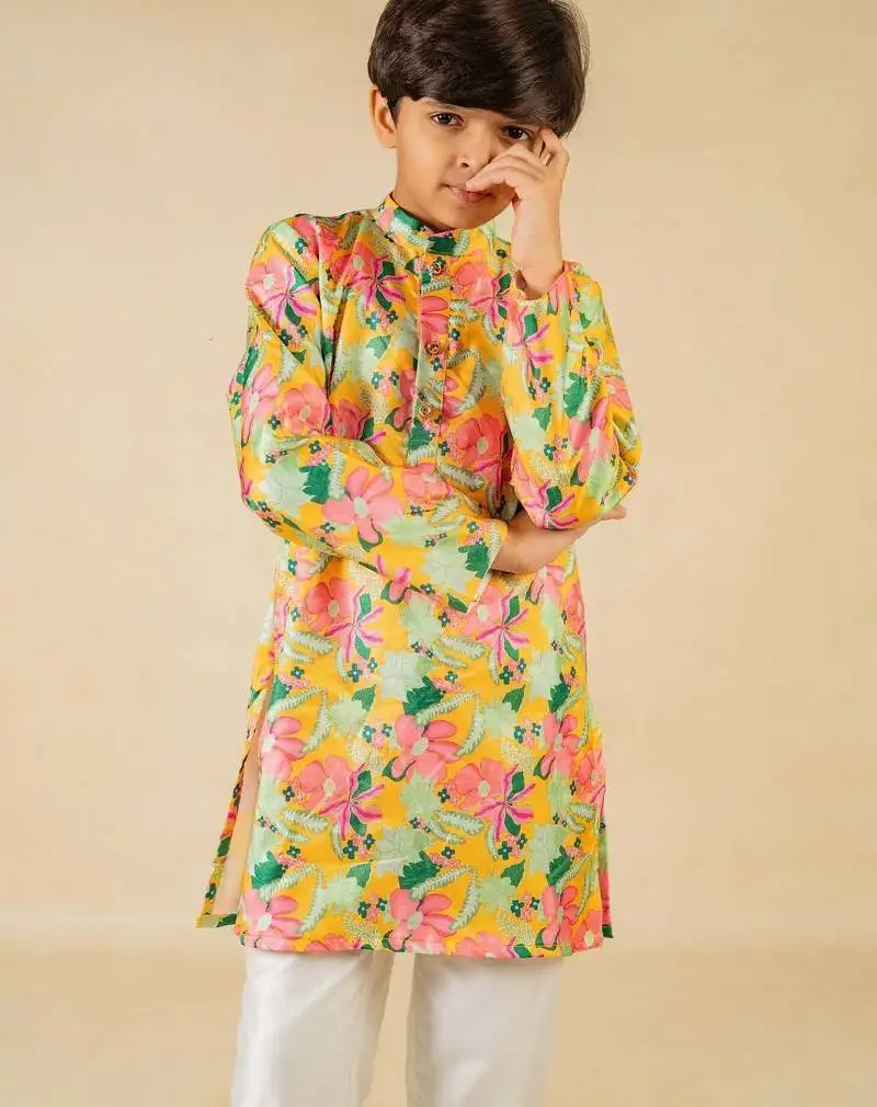 Boys yellow floral digital printed kurta with white pant (set of 2)