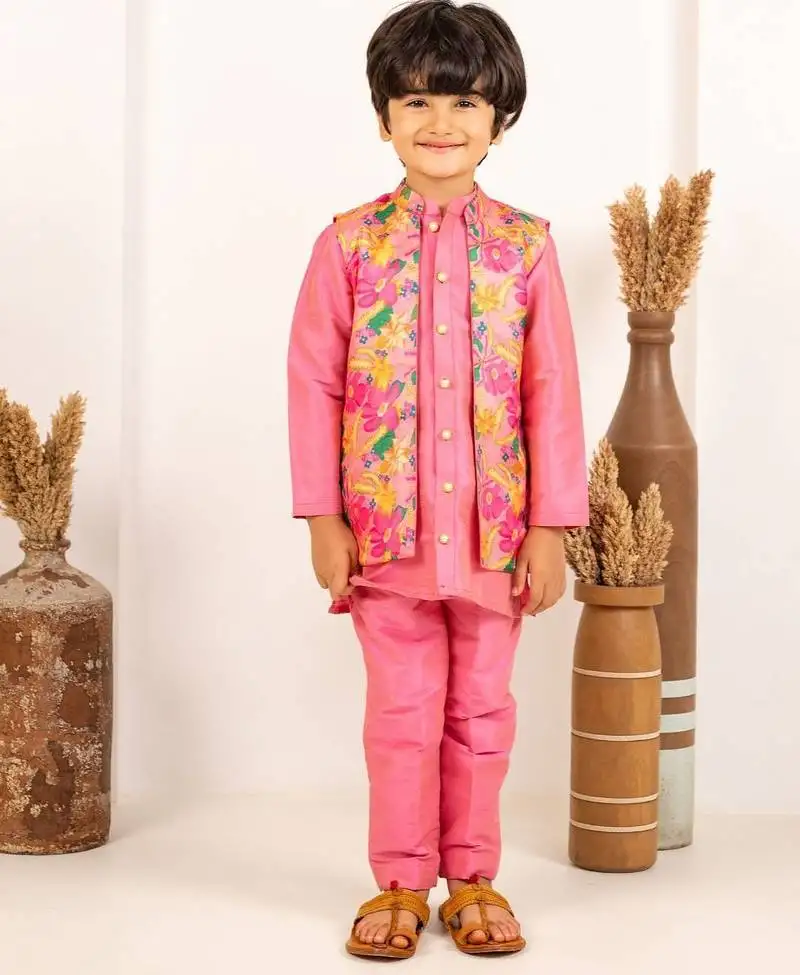 Boys pink kurta and pant with roman digital print jacket (set of 3)