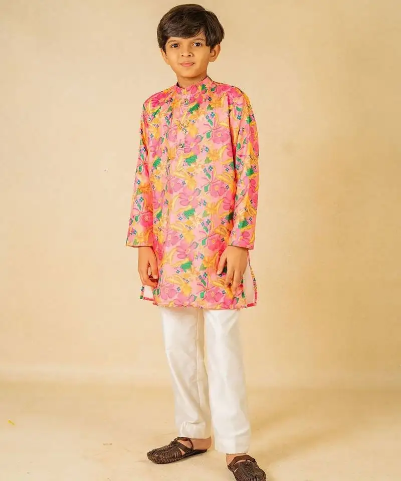 Boys light pink floral digital printed kurta with white pant (set of 2)