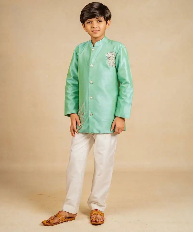 Boys hand embroidered turquois blue kurta and pant (set of 2)