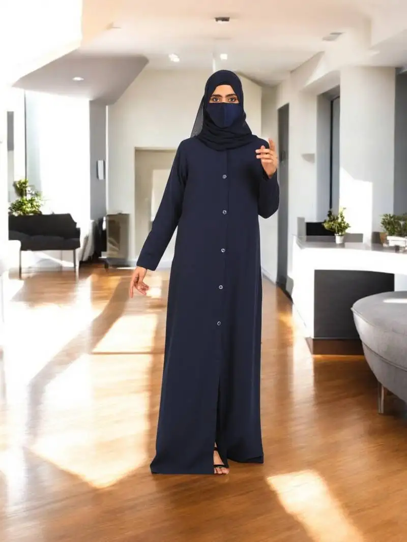 Navy-blue front open abaya in rayon