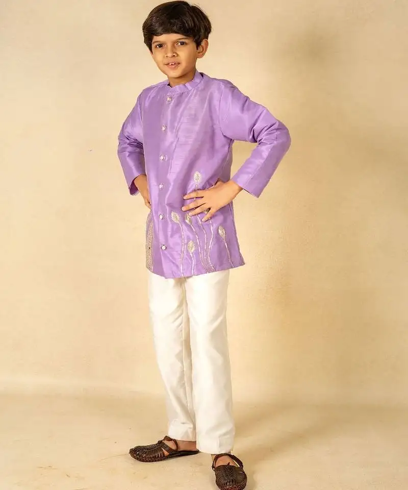 Boys hand embroidered purple kurta and pant (set of 2)