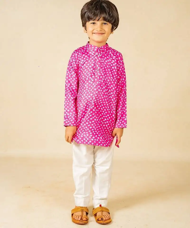 Boys pink digital printed kurta with white pant (set of 2)