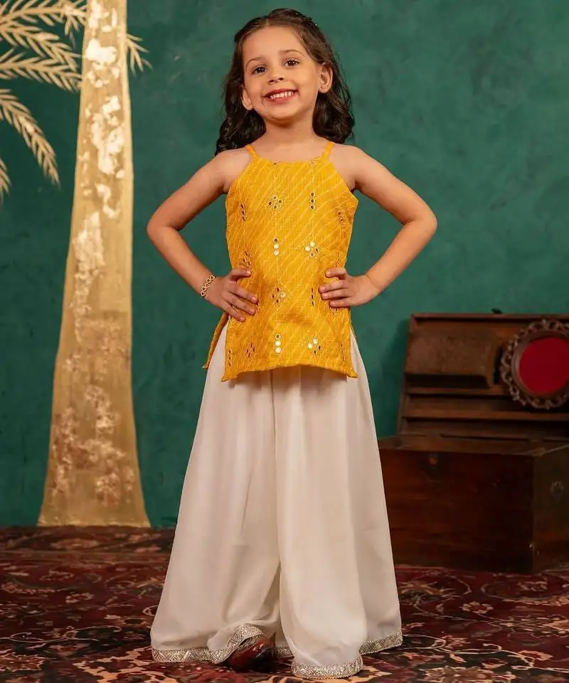 Girls moonga mirror work yellow cotton ethnic sleeveless strap top with off-white palazzo (set of 2)