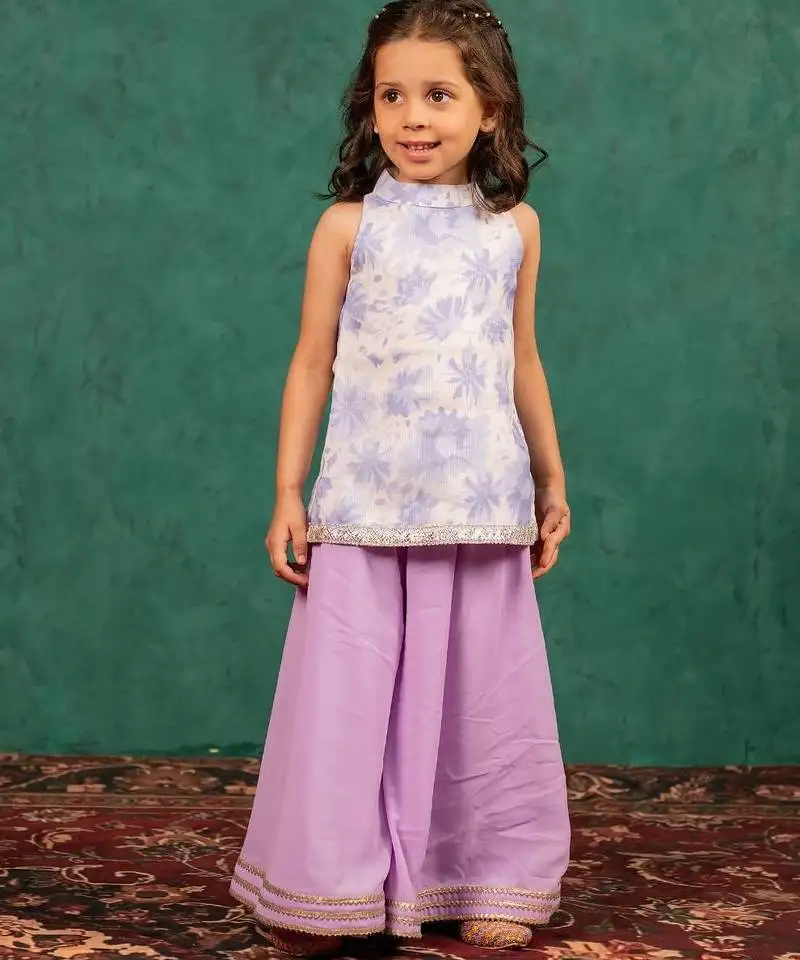 Girls moonga floral digital printed cotton ethnic sleeveless top with purple palazzo (set of 2)