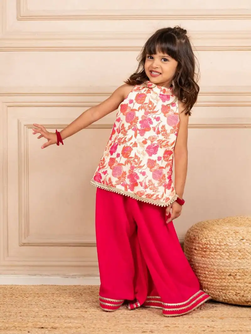Girls moonga floral digtal printed sleeveless top with pink sharara (set of 2)