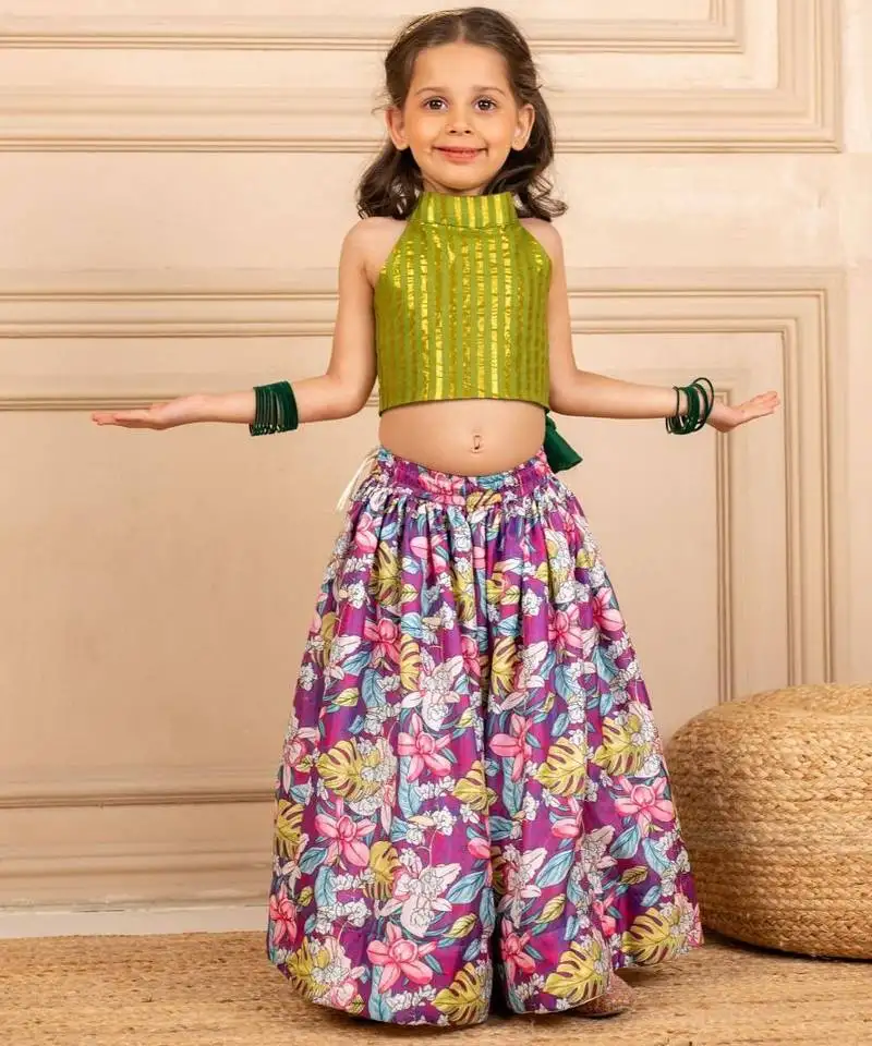 Girls green lurex sleeveless top and roman printed lehenga (set of 2)