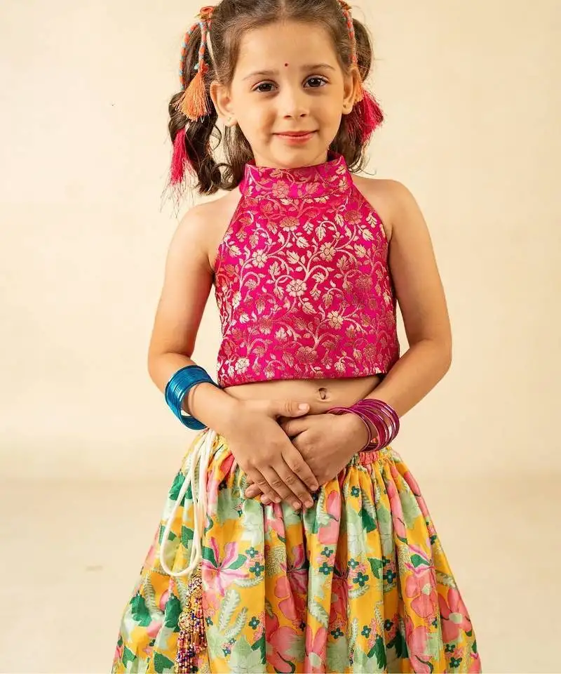 Girls pink sleeveless top and roman printed lehenga (set of 2)