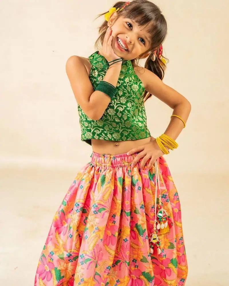 Girls green sleeveless top and roman printed lehenga (set of 2)