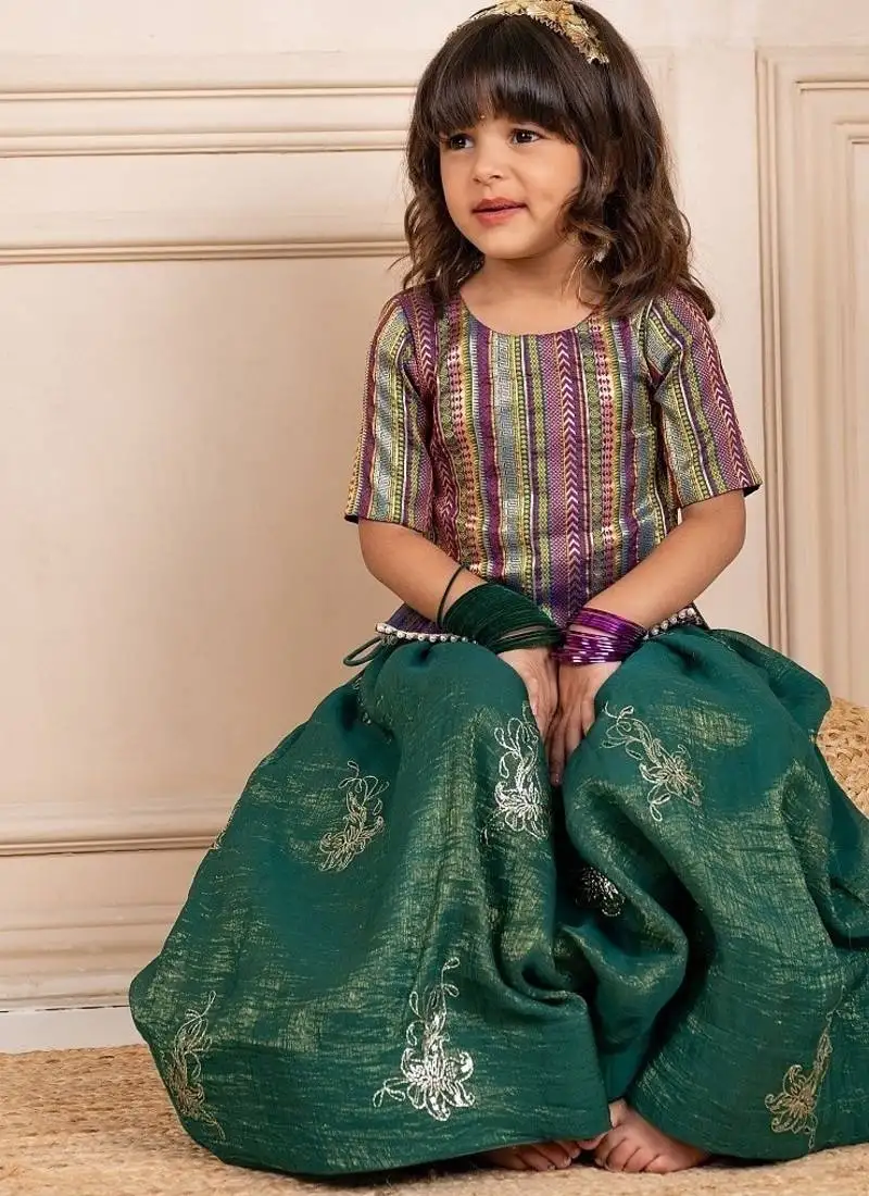 Girls banarasi brockade top and fandy crush embroidered lehenga (set of 2)