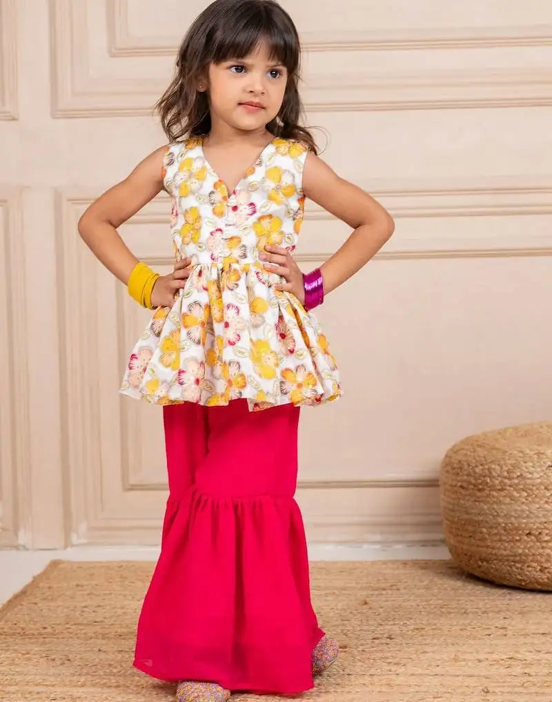 Girls chinion embroidered white pemplum top and pink sharara (set of 2)