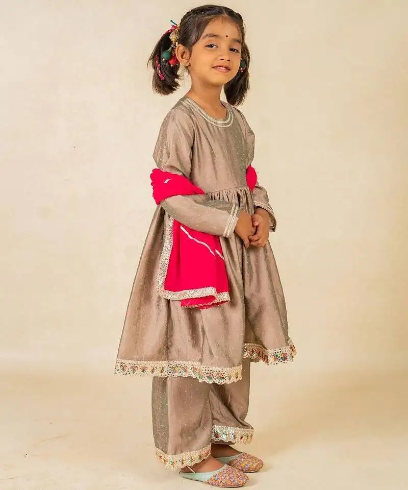 Girls gray anarkali top and palazzo with dupatta (set of 3)