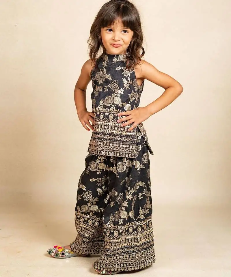 Girls dola silk embroidered black sleeveless top with palazzo (set of 2)