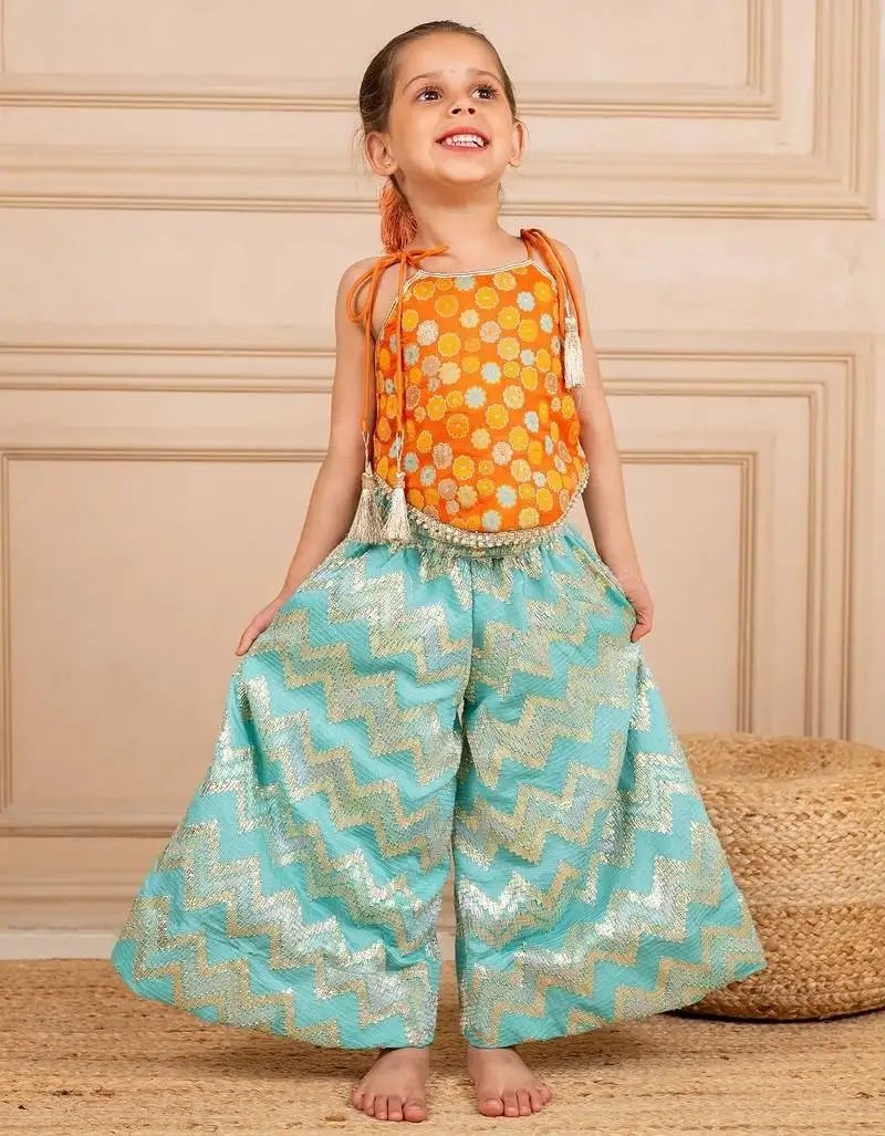 Girls orange brocade top and ocean blue zig zag embroidered palazzo (set of 2)