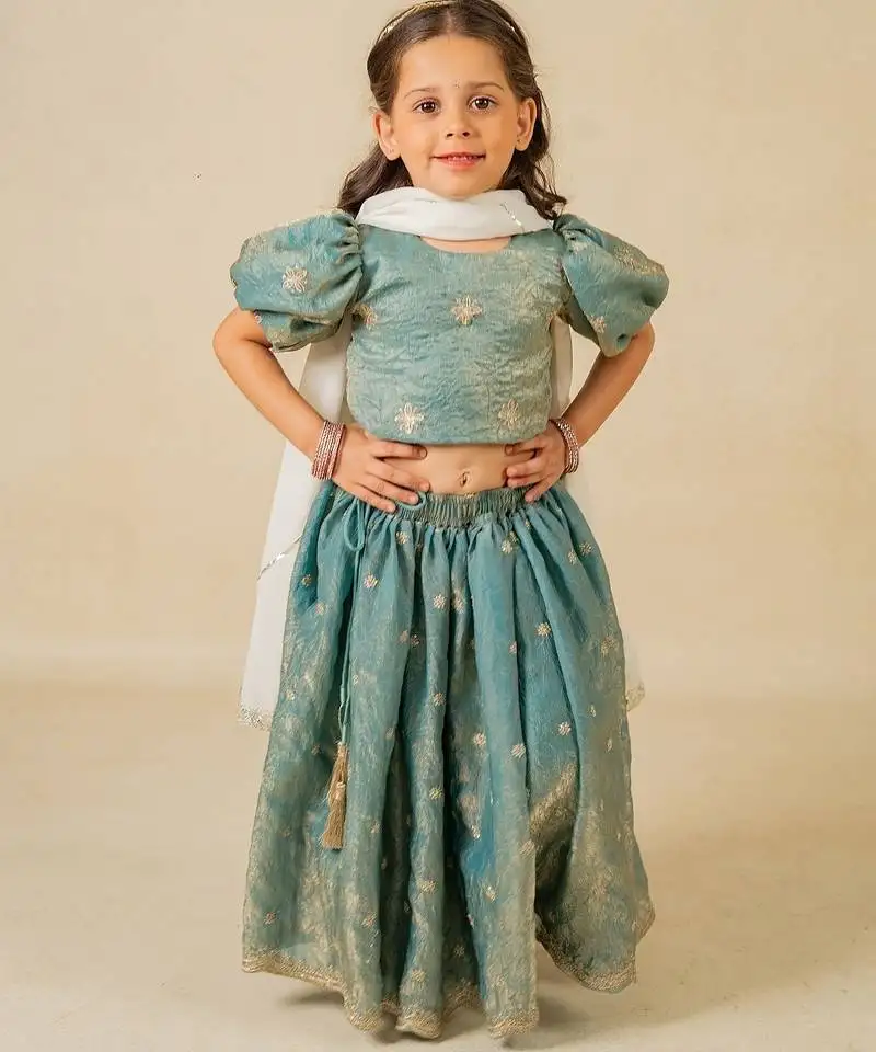 Girls fendy crush blue top and lehenga with georgette dupatta (set of 3)