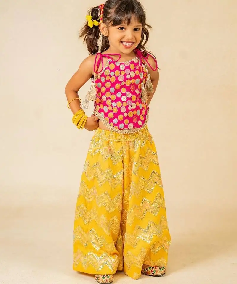 Girls pink brocade top and yellow zig zag embroidered palazzo (set of 2)