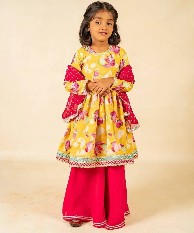 Girls yellow anarkali top and palazzo with dupatta (set of 3)