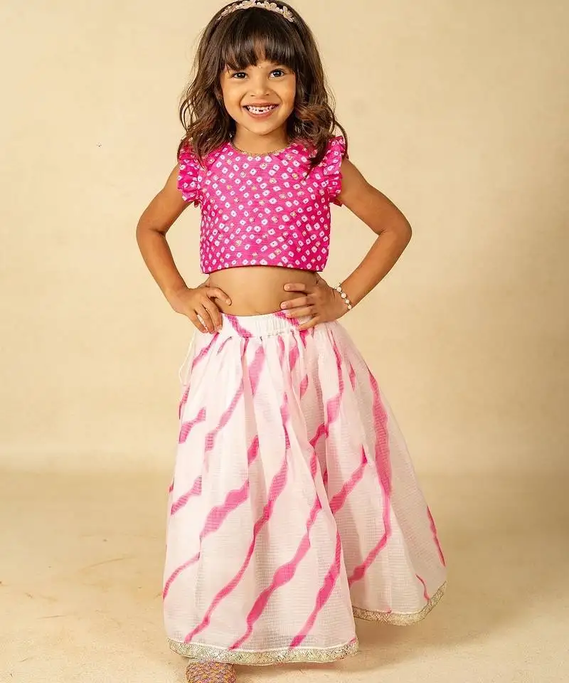 Girls pink hand embroidered top and moonga digital printed lehenga with dupatta (set of 2)