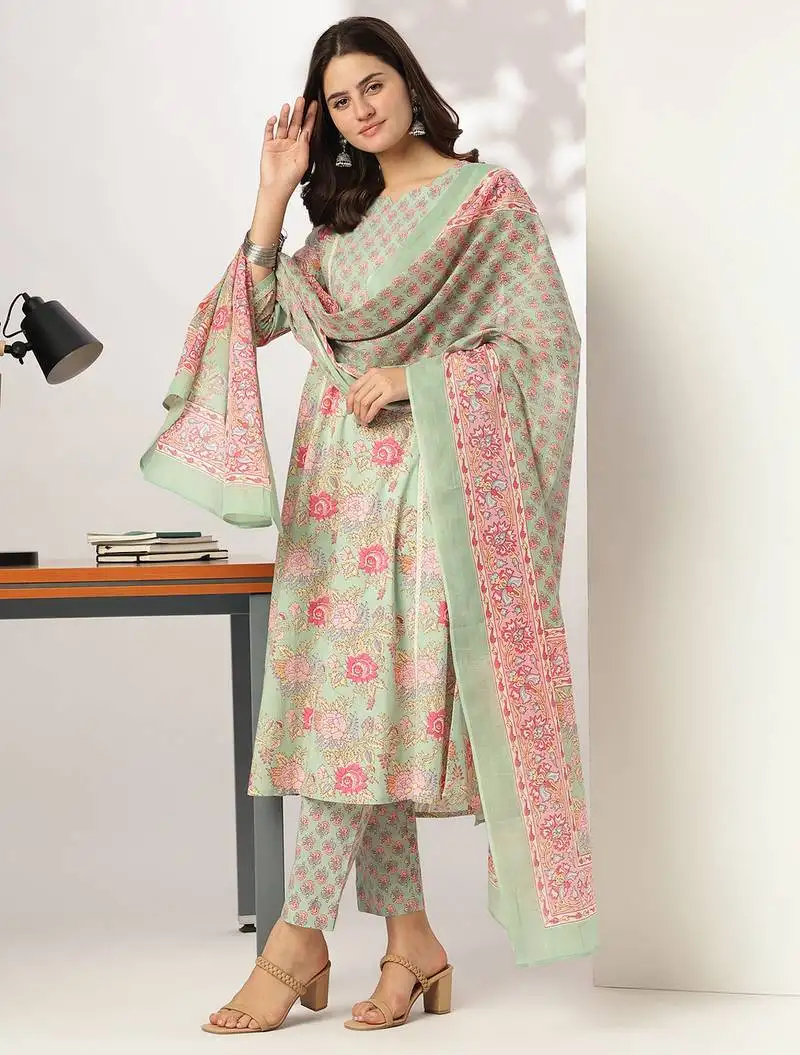 Aqua pure cotton floral printed a-line kurta set