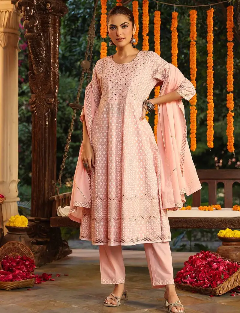 Light pink pure cotton embroidered ethnic motifs anarkali kurta set