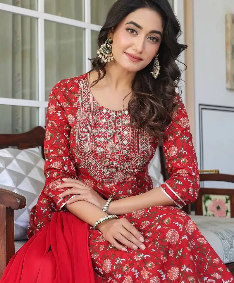 Red pure cotton floral printed yoke embroidered a-line kurta set