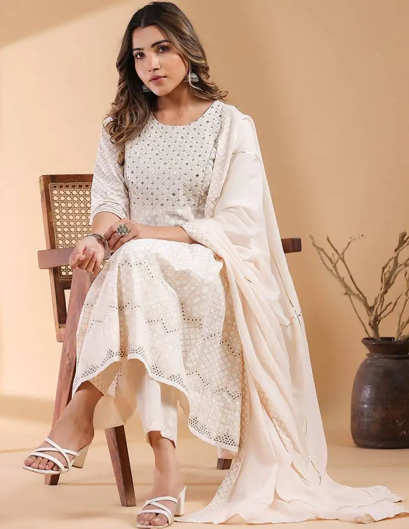 Beige pure cotton ethnic motifs printed anarkali kurta set