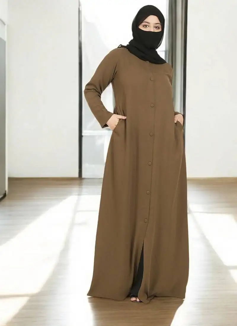 Olive front open abaya in firdaus with pockets