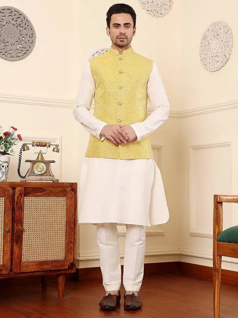 Yellow silk embroidered kurta pajama and nehru jacket for mens