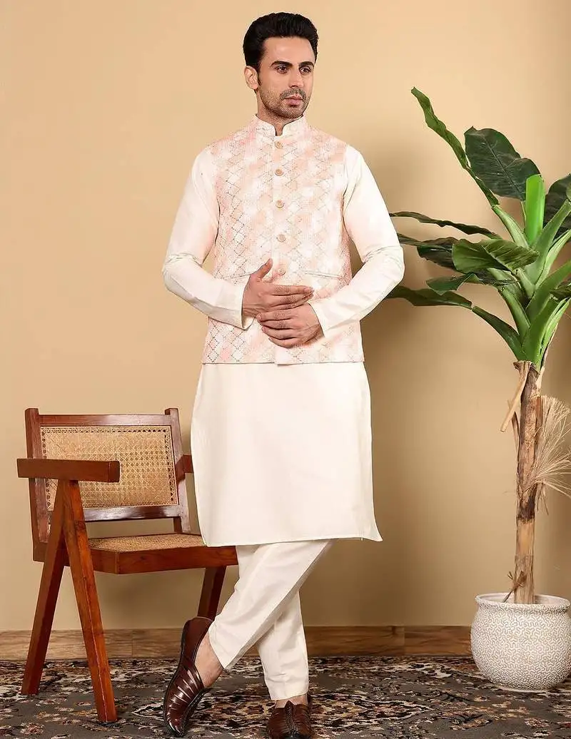 Orange silk embroidered kurta pajama and nehru jacket for mens