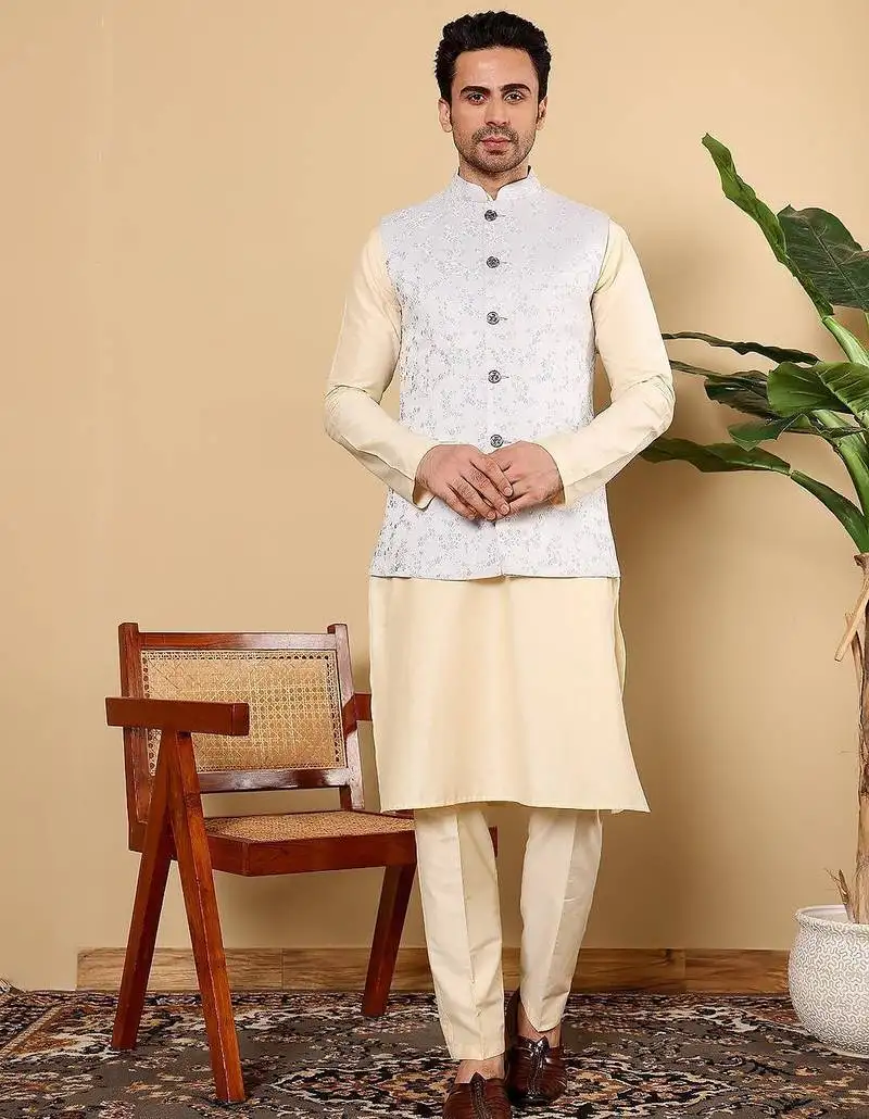 Blue viscose embroidered kurta pajama and nehru jacket for mens