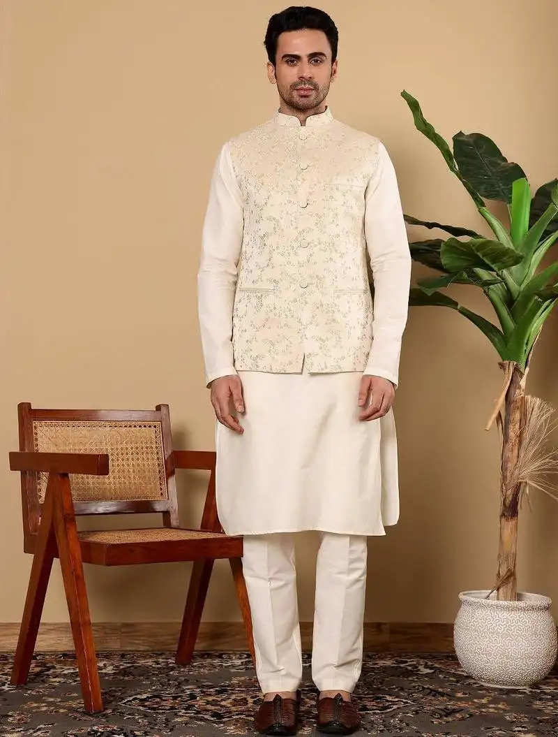 Beige viscose embroidered kurta pajama and nehru jacket for mens