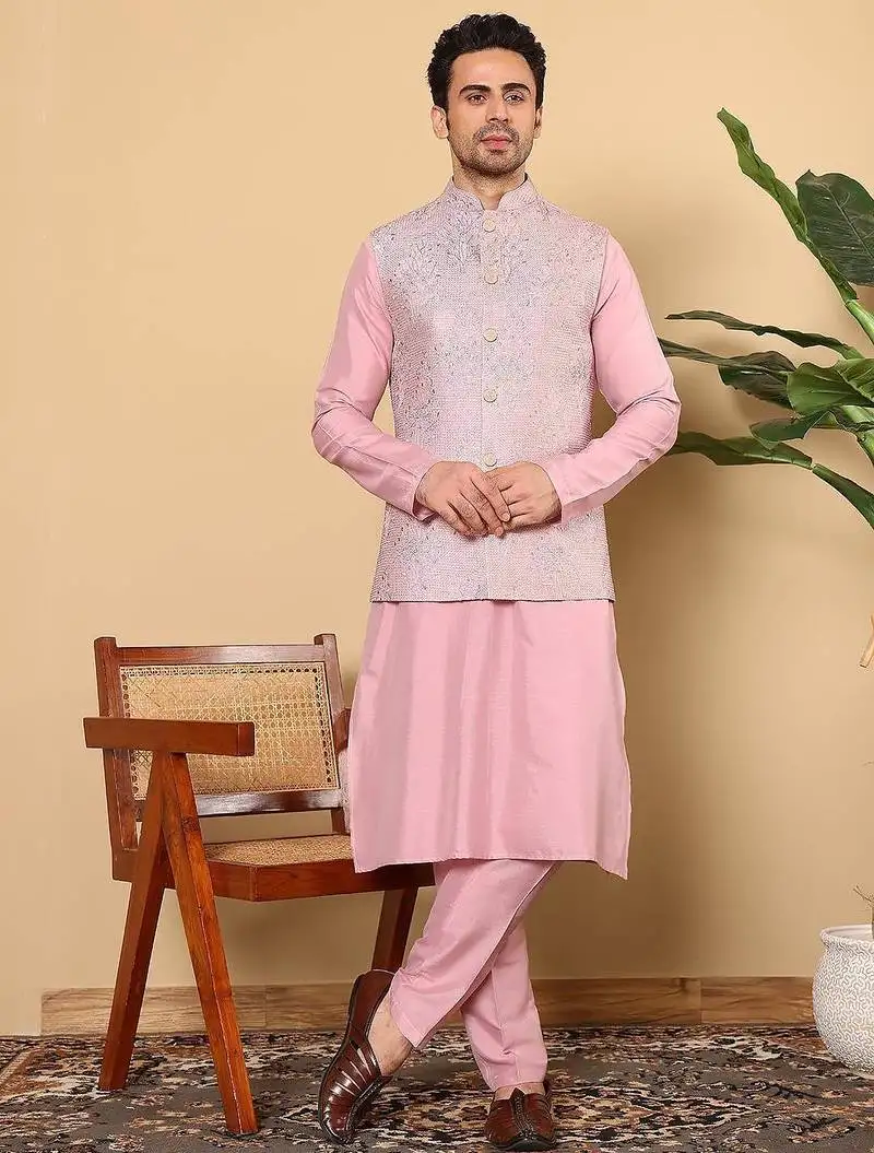 Pink viscose embroidered kurta pajama and nehru jacket for mens