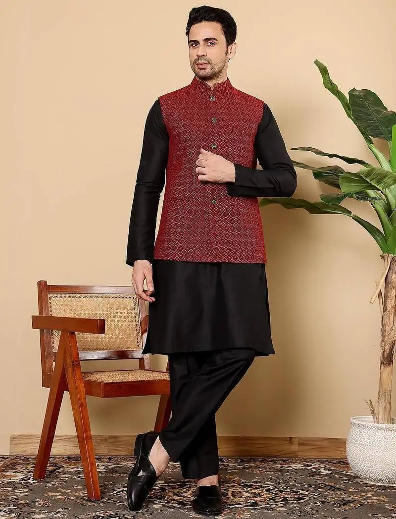 Red silk embroidered kurta pajama and nehru jacket for mens