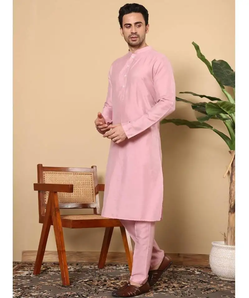 Pink viscose embroidered kurta pajama for mens