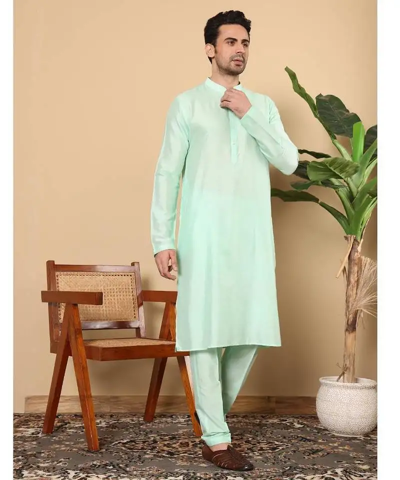 Green viscose embroidered kurta pajama for mens