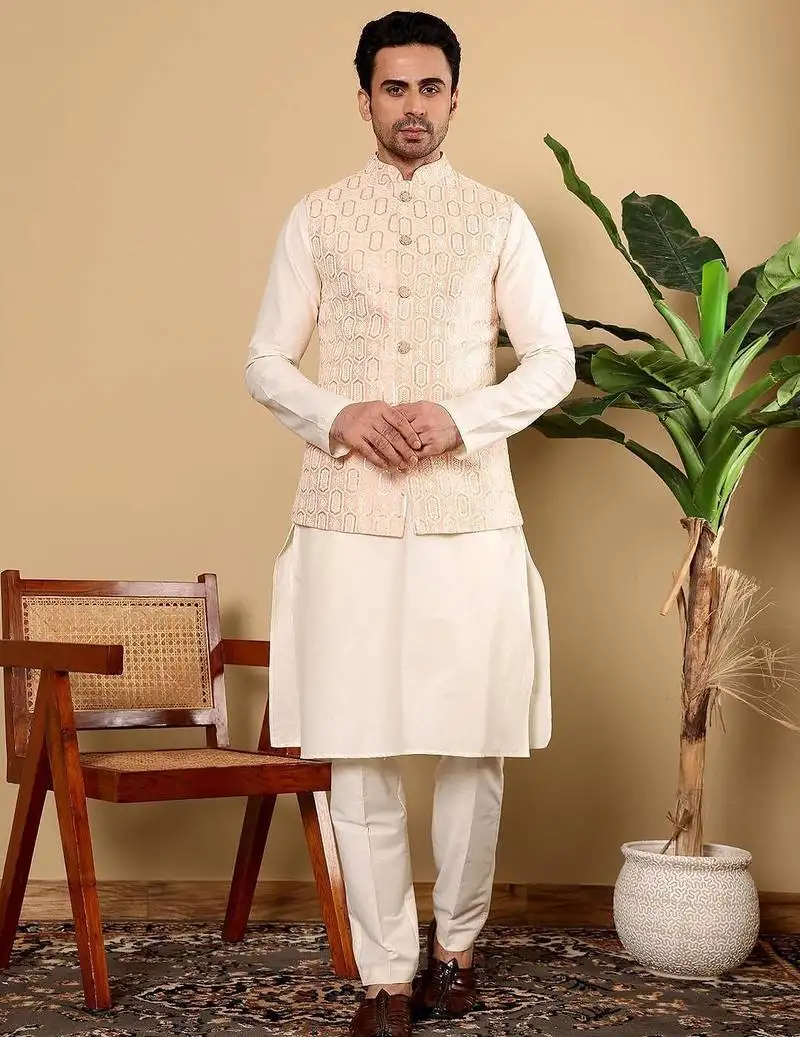 Orange viscose embroidered kurta pajama and nehru jacket for mens
