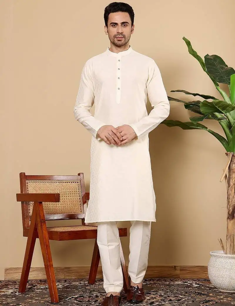 Beige viscose embroidered kurta pajama for mens