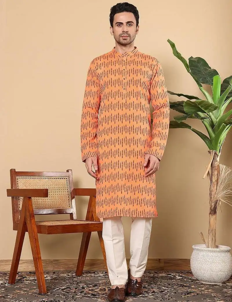 Orange cotton embroidered kurta pajama for mens