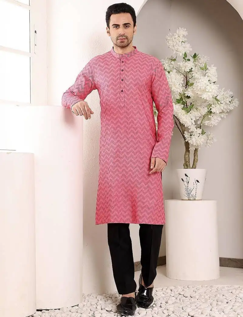 Pink cotton embroidered kurta pajama for mens