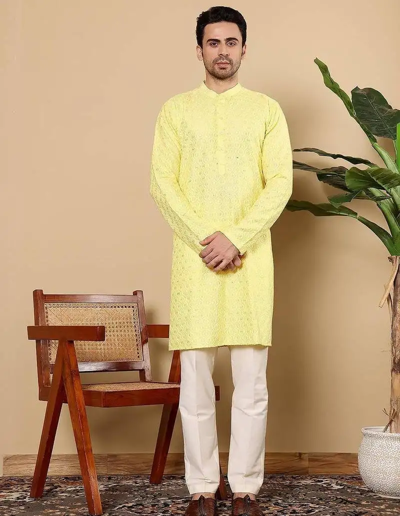 Yellow silk embroidered kurta pajama for mens